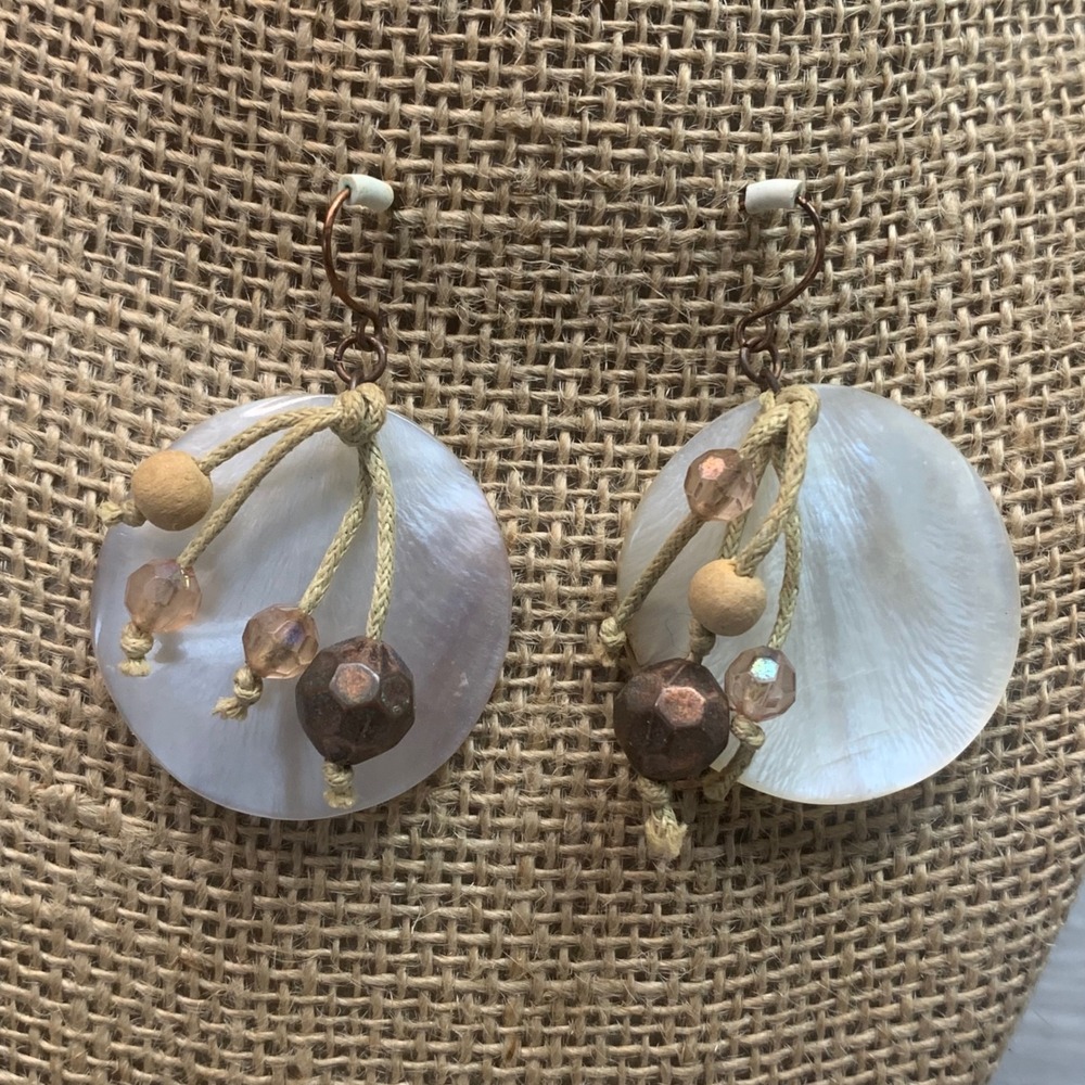 Boho Mother of Pearl Shell Disc Drop Earrings with Beaded Tassels Iridescent5534